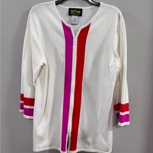 Bob Mackie Cream Cardigan with Pink and Red Stripes. Full Zip. Size Medium